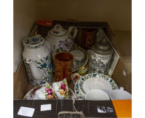 Assorted ceramics including Midwinter coffee set, Royal Albert, Portmeirion teapot, plates etc, Royal Crown Derby (1 box)