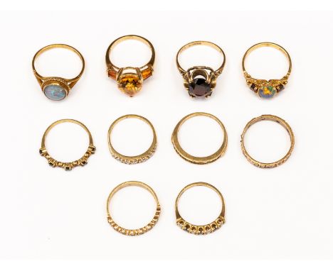 A collection of ten 9ct gold stone set dress rings, including citrine, opal, garnet, sapphire and paste, sizes K1/2, L, M, N,