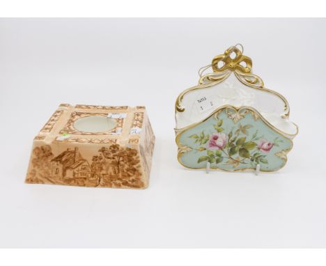 Stevenson and Hancock Derby inkwell with an Osmaston Road Derby wall hanging letter holder (A/F)