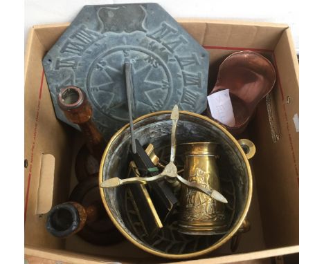 An early 20th century sundial, brass inkwell and liner, trivet, copper ware, brass jardiniere, wooden candlesticks and print 