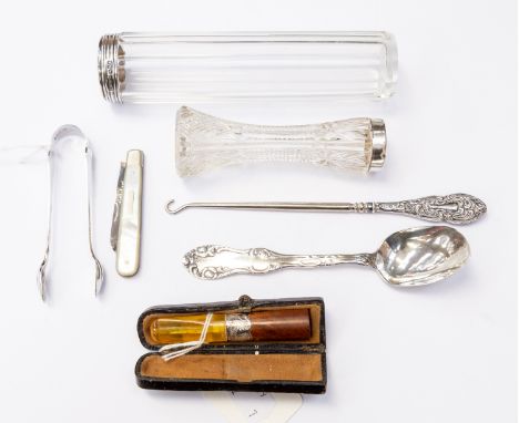 Group of silver pieces: sterling silver spoon, boot button hook, Birmingham, London silver sugar tongs, cigarette cheroot hol