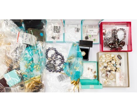 Brooches, pins, badges, Irish jewellery etc, vintage necklace, cigarette case, paperweights and alarm clock (parcel lot)