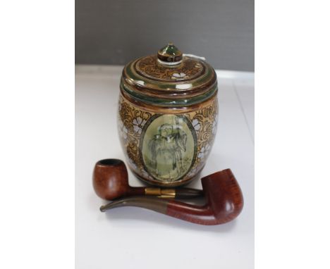 Smokers interest; a Doulton stoneware tobacco jar, with panels of monks, and a Petersons of Dublin Briar pipe with Dublin hal