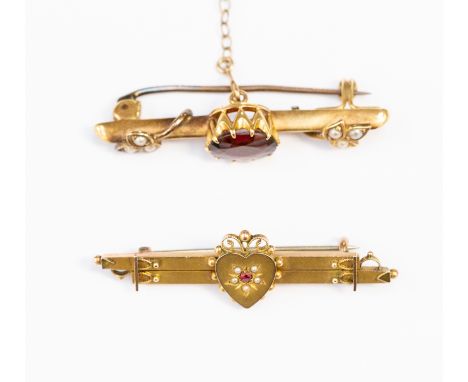 A garnet and pearl brooch, yellow metal, replacement pin, together with a Victorian 9ct gold, red stone and seed pearl heart 