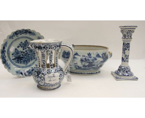 Collection of 18th and 19th Century blue and white items; tureen, candle stick, plate and puzzle jug A/FCondition: Tureen: bo