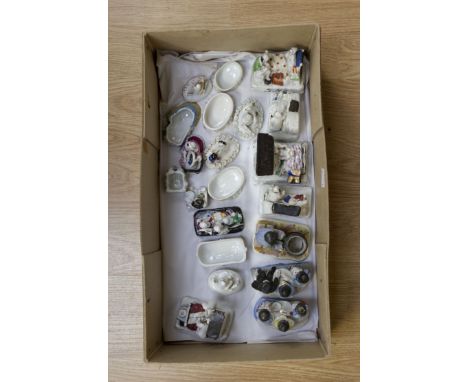 A collection of assorted fairings figures and figural lidded patch boxes, mostly depicting figure groups, mainly Victorian