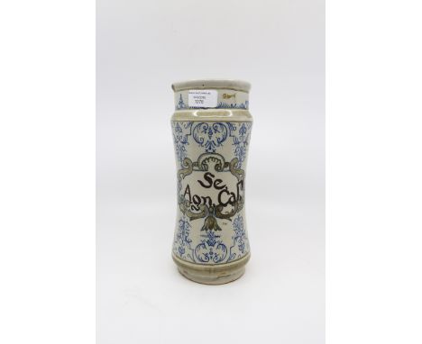 Italian 17th century or later apothecary jar, tin glazed, over painted Se Agn. Cal., 29cm highCondition: Large chip to top. C