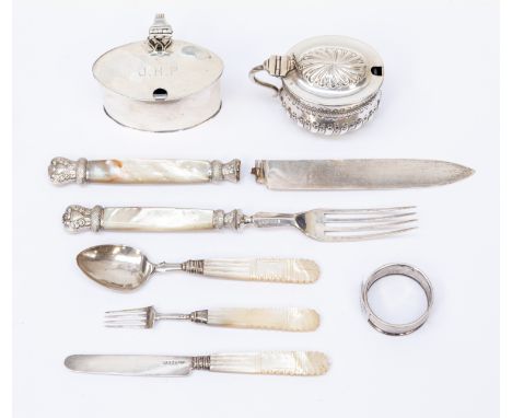 A collection of silver including: a William IV silver three piece cutlery suite, comprising knife, spoon and four prong fork,