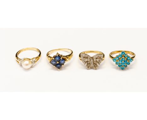 Four 9ct gold stone set dress rings, to include, sapphire, diamond, pearl set diamond  and paste set versions, sizes K1/2, L1