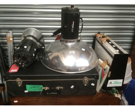 Collection of photography items, including tripods, light tents, lights, darkroom equipment etc