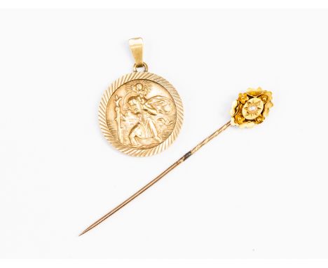 A 9ct gold St Christopher pendant and Victorian 9ct gold and seed pearl set tie pin, boxed, combined total gross weight appro