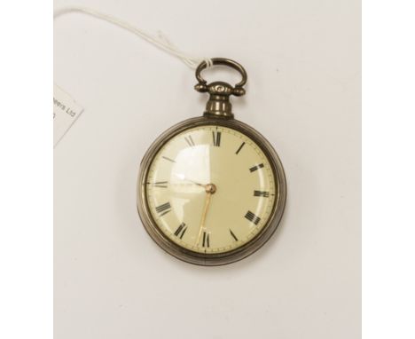 A George IV silver fob watch, having Roman numerals, white enamel dial, and yellow metal hands; heavy silver case by Timothy 