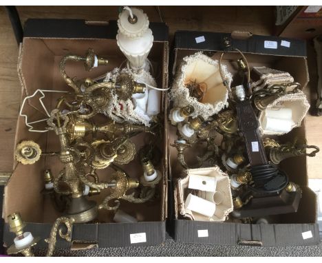 A collection of various light fittings including 5 light gilt metal chandelier; a pair of wall brackets; a brass chandelier; 