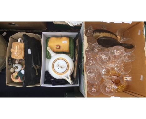 Two Bretby Dutch scene plaques, cottage cheese dish, tea pots and character jug, Victorian teapot, cut glass and tumblers etc