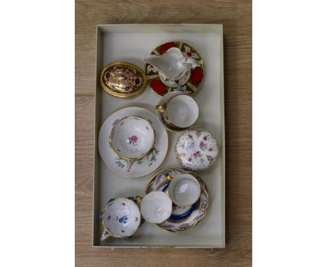 A selection of fine china to include a pair of Meissen tea cups with floral design, a Crown Derby Royal Antoinette trinket bo