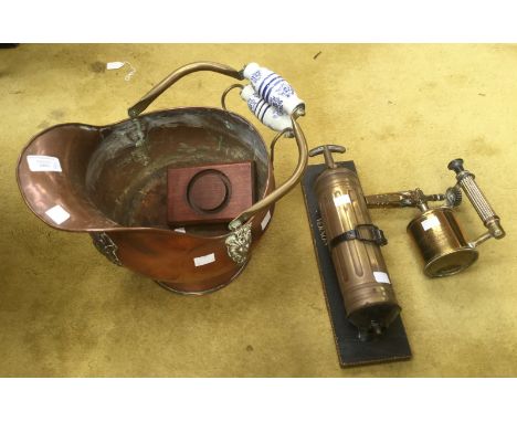 Dutch Fire Brigade Coal Scuttle bucket with Dutch Fire Brigade insignia to front. Ceramic blue &amp; white handles. 30cm in h