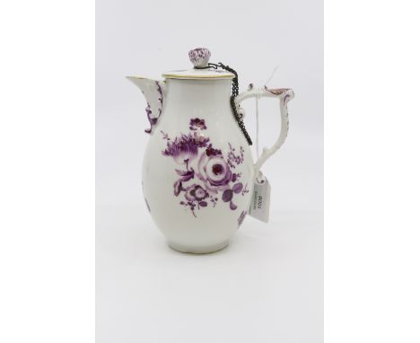 A Meissen 19th Century porcelain chocolate pot and cover decorated with enamel flowers, unde rglazed cross swords mark, 16cm