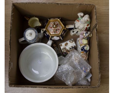 Assorted 19th and 20th Century ceramics including Imari style teapot, pastille burner and Staffordshire flatbacks A/F