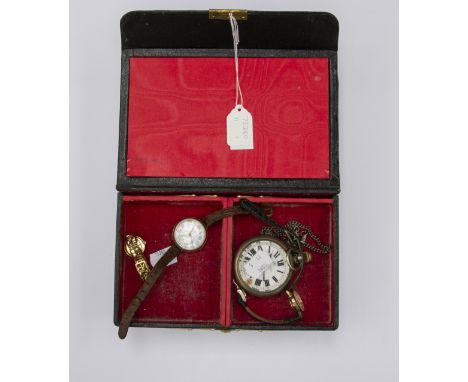 A jewellery box containing a rose metal 1930's watch along with a white metal pocket watch and two ladies gilt metal watches,