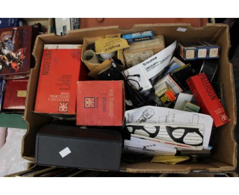 Collection of camera and projector equipment, including cameras, lenses, lighting cases, valves and screens