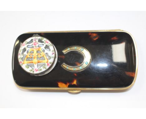 A Bilson enamel style pierced patch box with a tortoiseshell spectacle case.