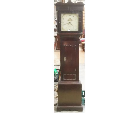 A 30 hour long case clock by Joseph Winston by Newport. 12 inch painted dial, oak cross banded case with mahogany, shell inla