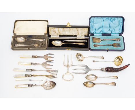 A selection of flatware including: two pairs of silver child's pushers, a christening spoon, two spoons and pickle fork - var