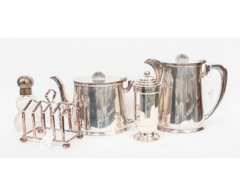 Walker &amp; Hall teapot and hot water jug, an Elkington Monarchy plate 1930's, sugar mill, a toast rack together with a whit