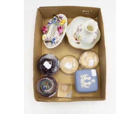 Five various glass paperweights and Italian, Royal Worcester Wedgwood and Royal Doulton ceramic dishes, vases etc (9)