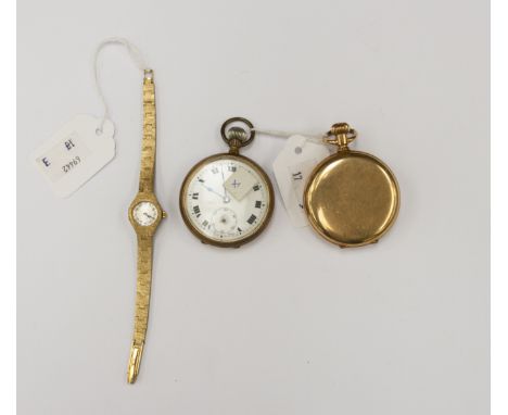 A gold plated Hunter pocket watch, white enamel dial, numerals and subsidiary dial, diameter approx 50 mm, long with a gilt o