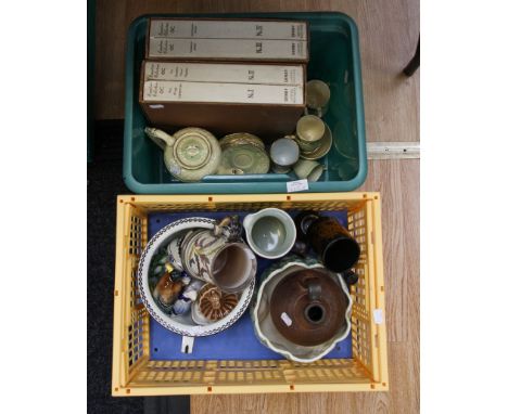 Assorted ceramics in two boxes, including Crown Ducal Florentine coffee set and large Sylvac plant pot, four Egyptian decorat