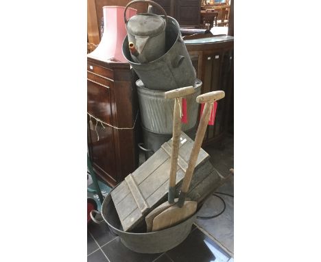 Two Trumans Brewery malt shovels, tool chest with tools, galvanised tub, buckets and watering can (8)