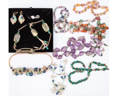 A selection of costume jewellery to include vintage floral glass necklaces and earrings, a turquoise, white metal and semi pr