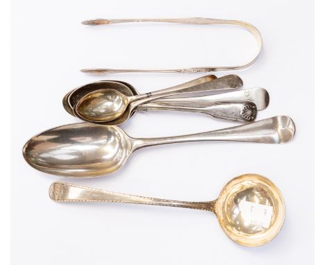 Collection of silver spoons, sugar tongs and ladle, mostly Georgian silver