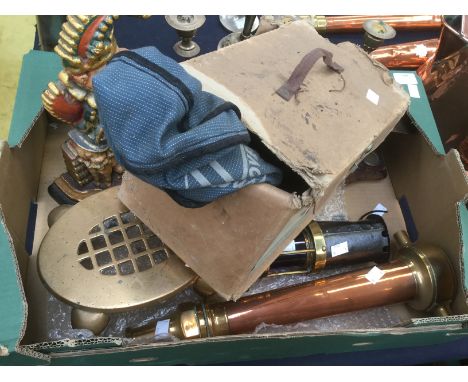 A copper and brass fire hose, Mr Punch door stop, heavy brass trivet, Cloisonné cup and saucer, postal type scales, miners la