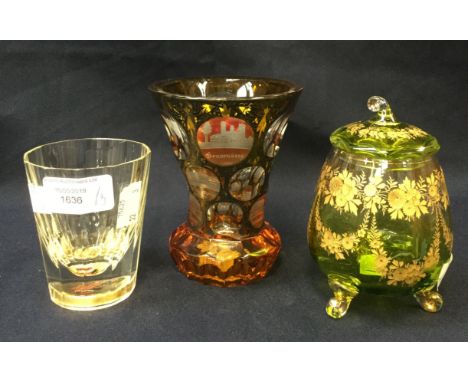 Assorted Continental glassware including amber coloured glass vase with pictures of famous local buildings, Moser style gold 