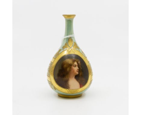 A Royal Vienna ware posy vase numbered 5279 and titled Reflexion, apple green ground with gilt decoration surrounding portrai