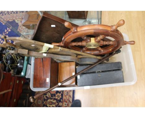 An Edwardian oak cased barometer (damaged); a 19th Century mahogany writing box; a 19th Century mahogany sewing box with fitt