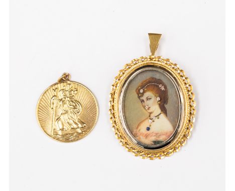 An 18ct gold oval portrait pendant with stone set features, bale stamp 750, length approx 37 mm not inc bale, total gross wei