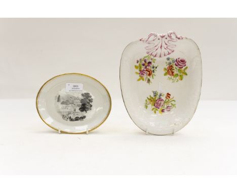 An English porcelain dessert dish with floral bouquets, along with a teapot stand featuring Bush Hill park (2)