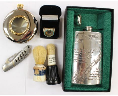 English Pewter boxed "St Andrews, the old course" hip flask: boxed hip flask with window: Stainless steel pocket lock knife w