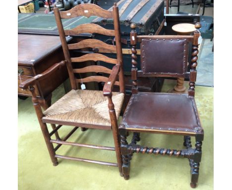 A Victorian Carolean style walnut barley twist side chair, an early 19th Century ash and rush seated ladder back chair (2)