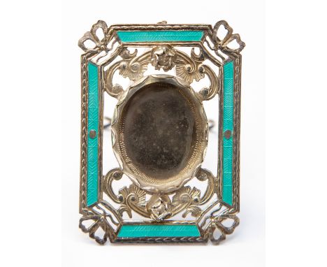 A Russian silver guilloche enamel frame, rectangular form with silver ribbon tied cut corners, the husk borders enclosing pan