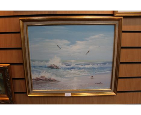 Two seascape oils on board, circa 1960's one signed Breaking Waves 