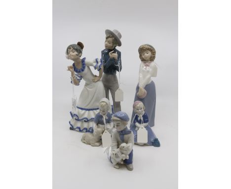 A pair of Nao Lladro figurines; a demure maid in a hat, 24 cms approx, with a pair of rustic Iberian dancing figures in the F