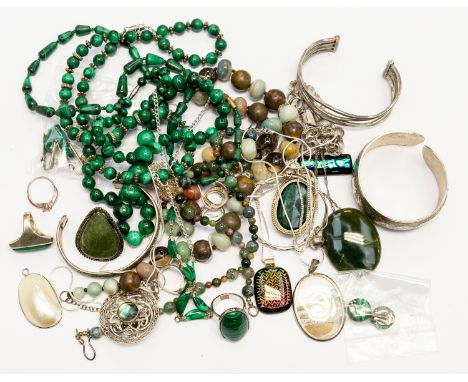 A collection of costume jewellery comprising semi precious beads necklaces including malachite and agate along with malachite