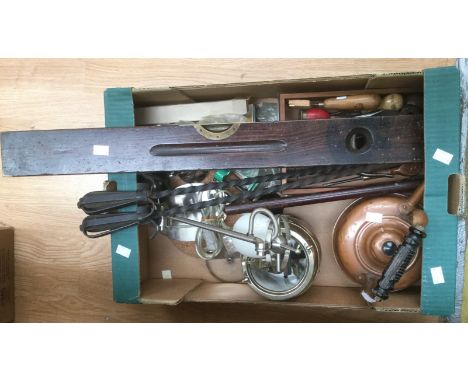 A modern Angle Poise style desk lamp, a box of tools, a rosewood and brass level, a round rule, copper kettle, cutlery etc (1