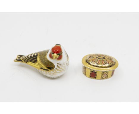 A Royal Crown Derby Imari Goldfinch paperweight, with gold stopper, together with Royal Crown Derby Old Imari patch box