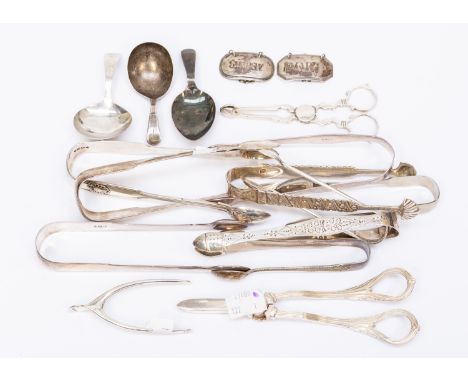 A collection of silver flatware &amp; bottle labels mainly Georgian including: three George III silver plain OEP caddy spoons