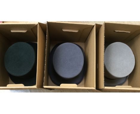 A grey wool top hat made by Wilson and Stafford, UK 7¼, 1960's? red lining; a Forest Green top hat 1960/70's, 71/8, made by W